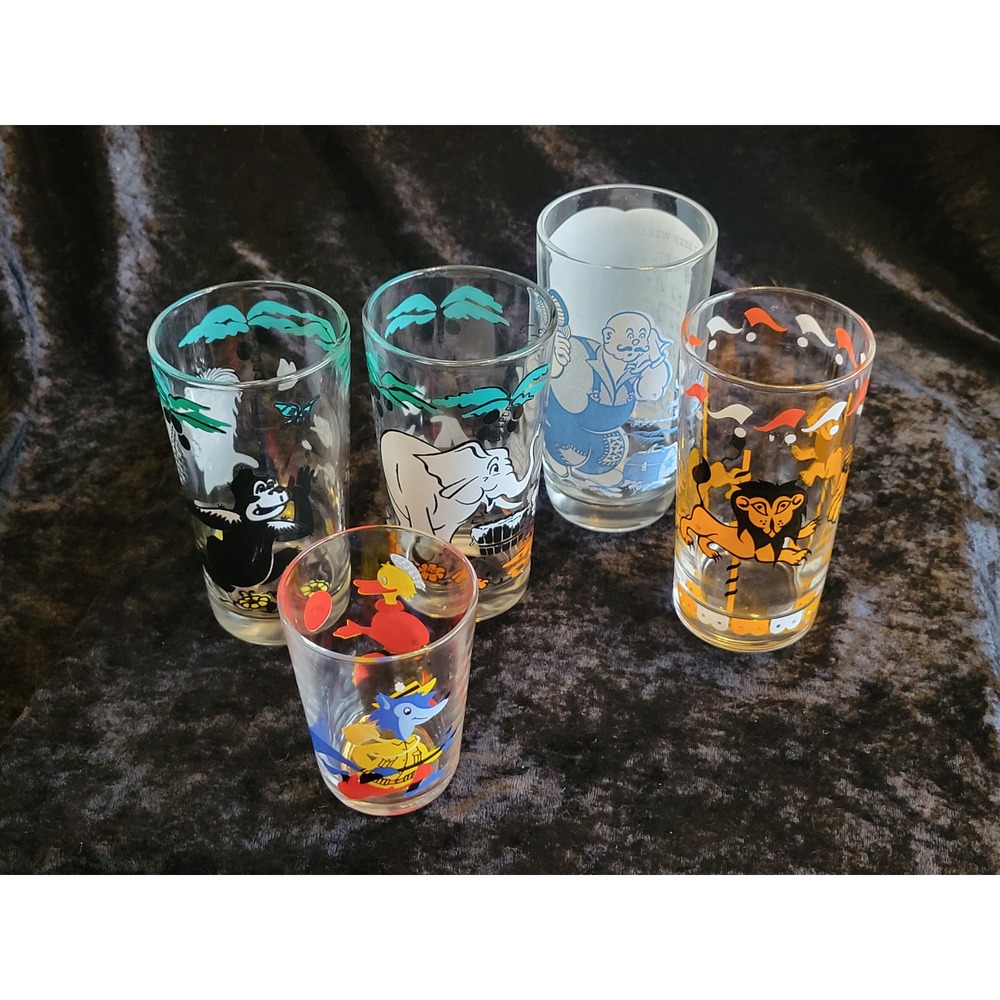 5 Vtg MCM Drinking Glasses Gorilla Elephant Lion Duck Arcoroc Shedd's Libbey PB